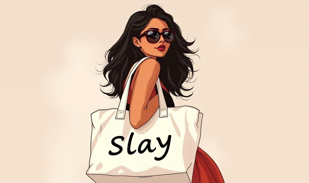 Stylish woman wearing sunglasses and a red outfit, carrying a white tote bag.