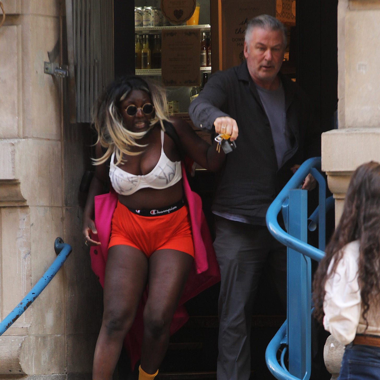 Crackhead Barney and Alec Baldwin scuffle over her phone outside the coffee shop Monday