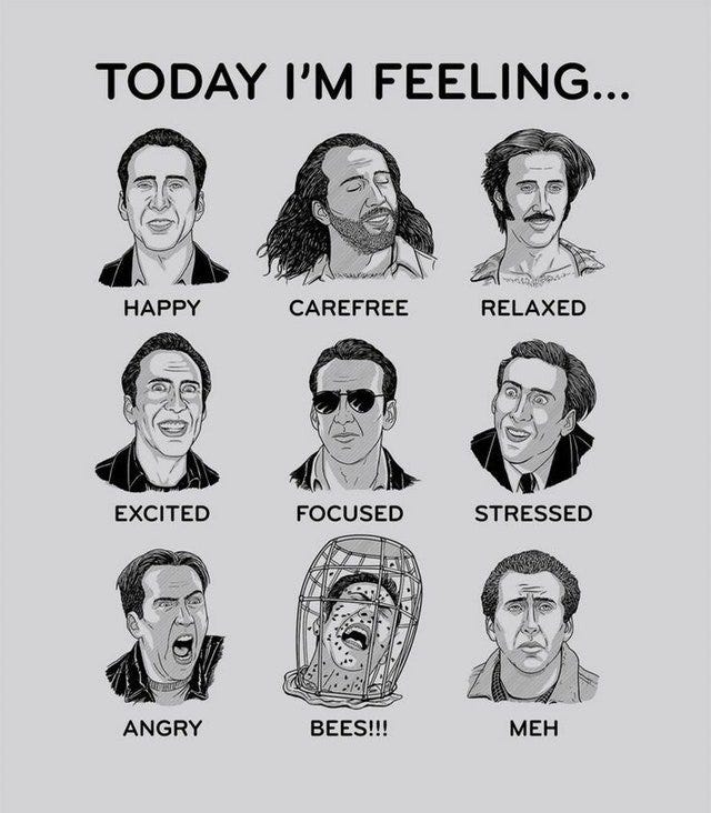 A grid of nine faces of Nicolas Cage playing different roles, each one given an emotion (Happy, Excited, Focused, Stressed, Bees). The page is titled Today I'm Feeling...