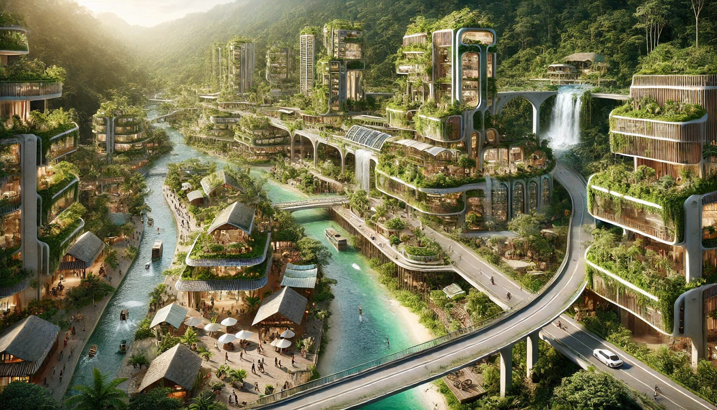 A futuristic eco-city set in a lush Central American environment, surrounded by dense rainforest, waterfalls, and rivers. The city incorporates eco-friendly architecture with skyscrapers covered in green walls and solar panels, terraces filled with tropical plants, and abundant green rooftops. Elevated walkways connect buildings above a bustling marketplace with local crafts and fresh produce. Sustainable transportation like electric trams and bike paths wind through the city. Homes and buildings blend into the natural landscape, built with natural materials, and structures resemble organic shapes inspired by Mayan architectural styles. The city is bathed in natural light, with clean water canals running through the streets.