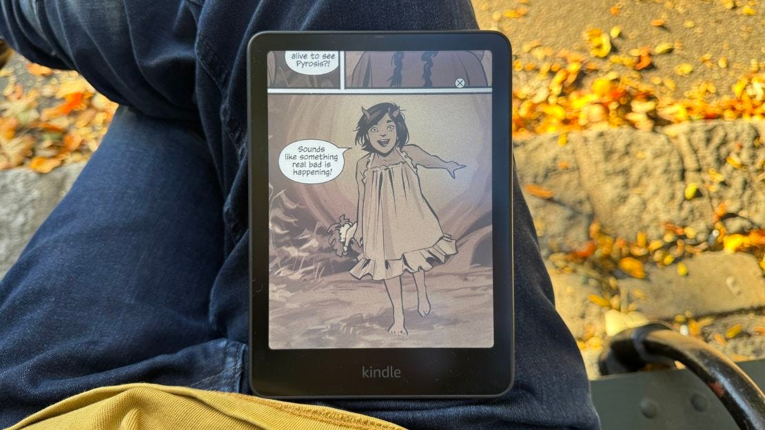 A child says "Sounds like something real bad is
happening!" in a comic book on the Kindle Colorsoft