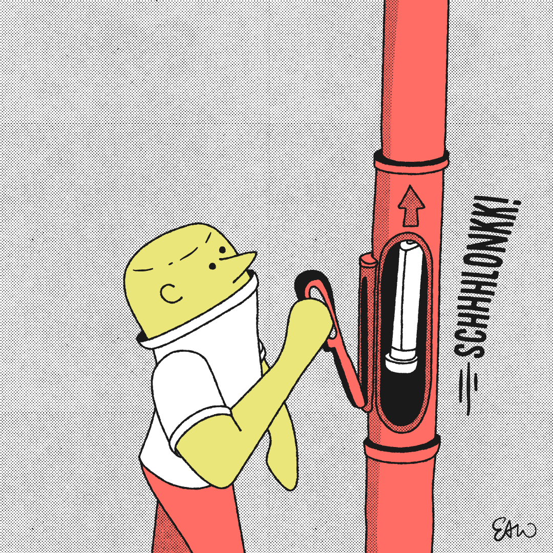 Panel 2 of 4 of a web comic drawn in a retro style with half tones for shading. The character pulls a lever to activate the pneumatic tube contraption, sending the letter up the chute. The hand lettered word Schlonk appears next to the tube as it floats up.