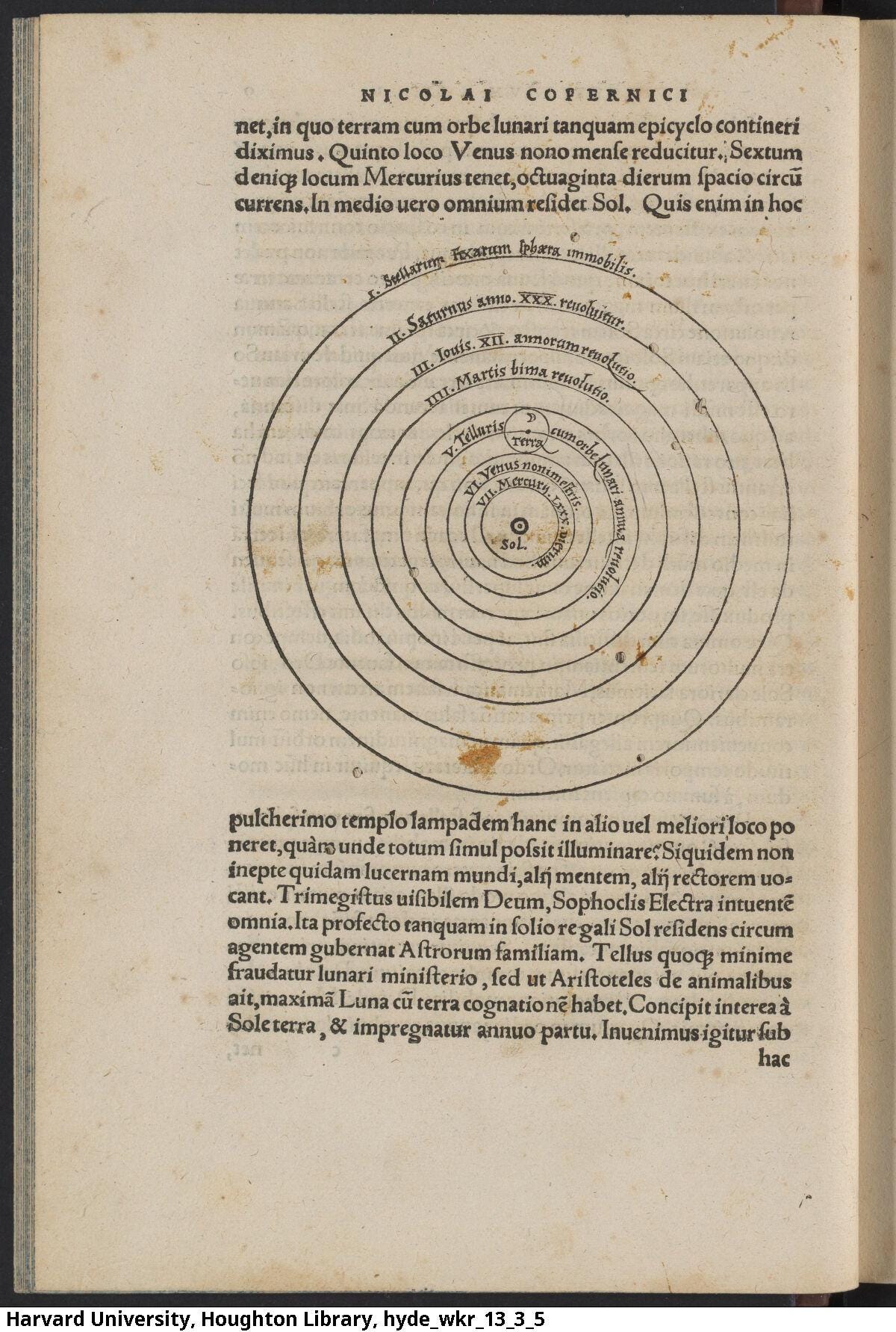 folio page from 15th century manuscript showing a drawing of the sun in the middle with planets moving around it