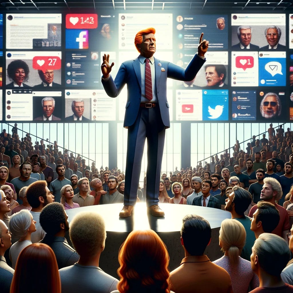 A scene depicting a 70-year-old tanned man with orange hair, dressed in a suit, symbolizing the influence of powerful personalities on public opinion through social media. He stands prominently, addressing a crowd with charismatic gestures. Around him are large digital screens showing various social media platforms, emphasizing the digital aspect of his influence. The diverse audience (men and women of various descents such as Caucasian, Hispanic, Black, Middle-Eastern, South Asian) displays a range of reactions from captivation to skepticism, reflecting the diverse impact of his message. The setting is a modern public space, blending elements of traditional and contemporary architecture, indicative of a society influenced by both past and present. The atmosphere is dynamic, highlighting the interplay between charismatic leadership and the power of digital media in shaping public discourse.