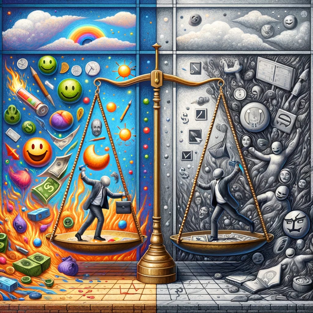 A conceptual art piece representing the Motivation Crowding Theory. The image depicts two sides: one side shows a person engaged in an activity purely for joy and satisfaction, characterized by bright, vibrant colors and symbols of happiness and fulfillment. The other side illustrates the same person performing the same task, but surrounded by grey tones and symbols of money and external rewards, depicting a lack of enthusiasm and creativity. The center of the image shows a balance scale, symbolizing the delicate balance between intrinsic and extrinsic motivation. The background is abstract, emphasizing the complex nature of human motivation.