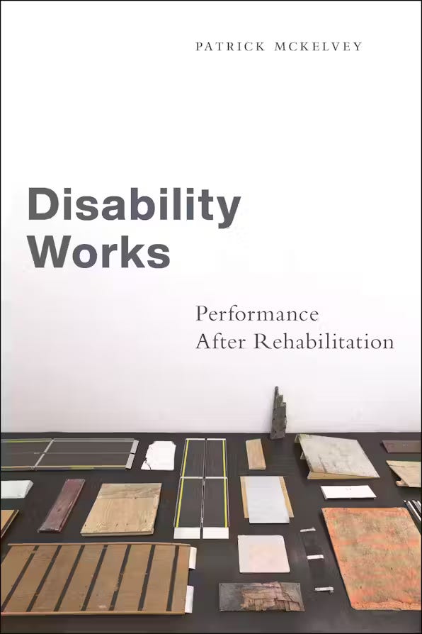 The cover of an academic book has an image of Park McArthur’s exhibition at Essex Street with a floor full of borrowed ramps. Many are makeshift, looking pretty rough. A few are sleek metal stopgap fold-out ones. On the white wall of the gallery is the title and author of the book.