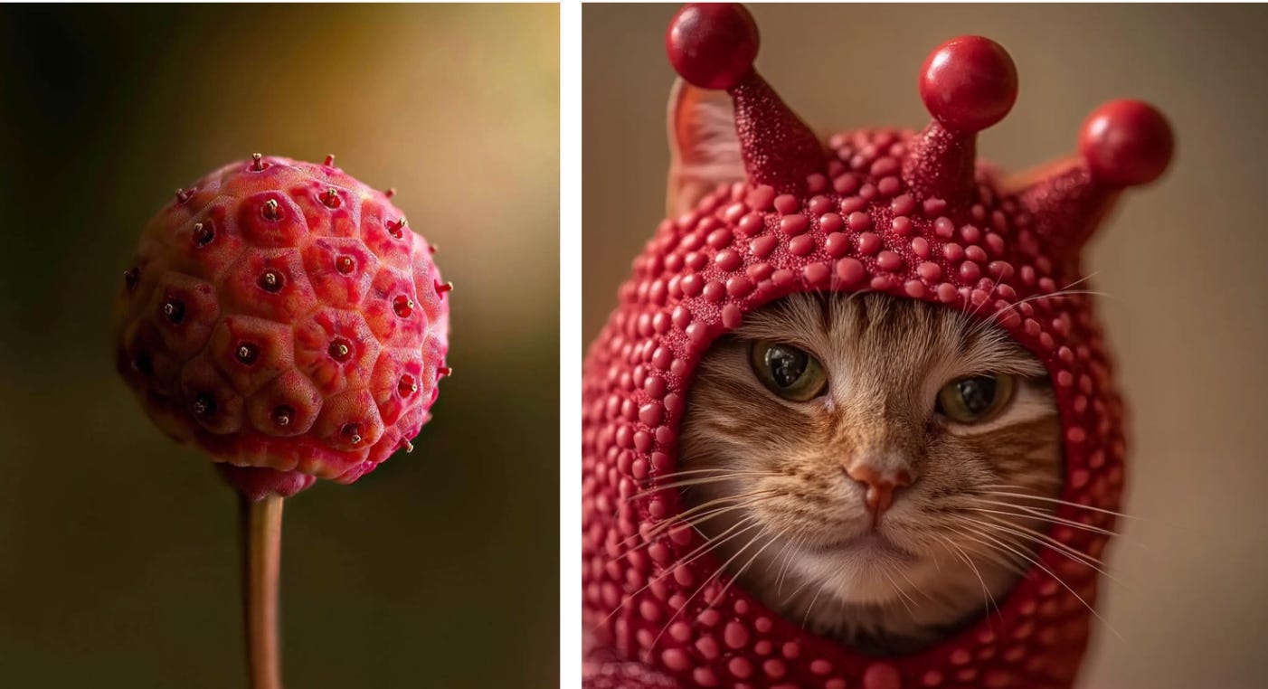 Left: the original image from the website. Right: "Berry good-looking" cat, who appears annoyed by this joke. 