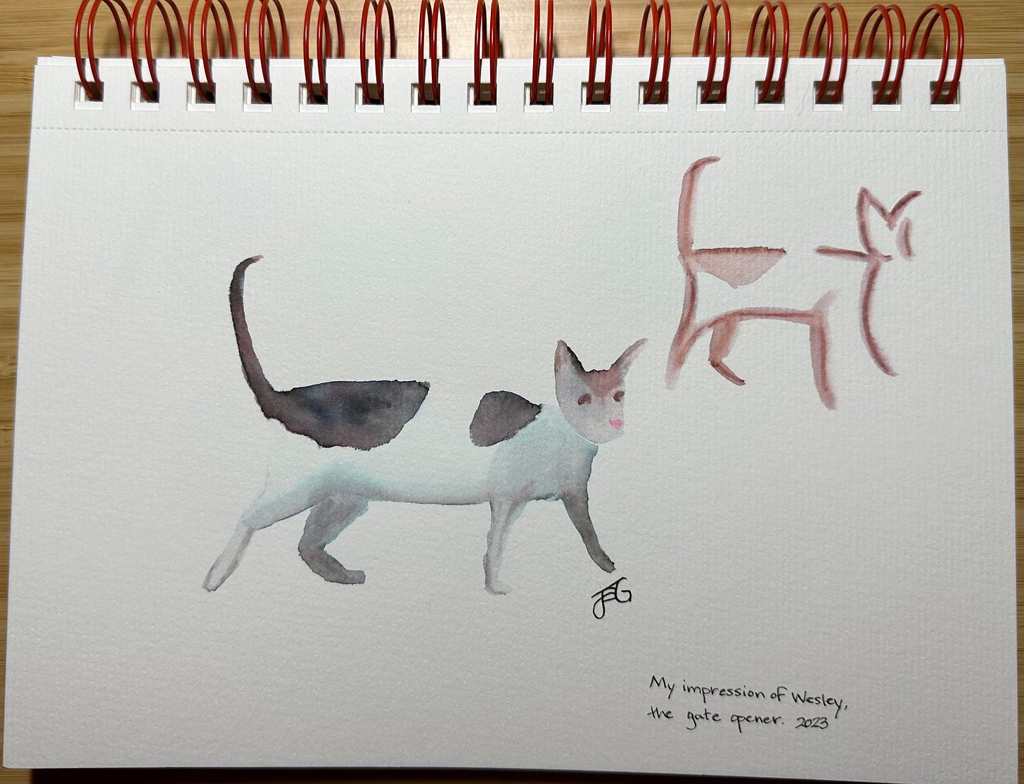 Two watercolor sketches of a cat, one is more like a stick figure, the other has more body to it.