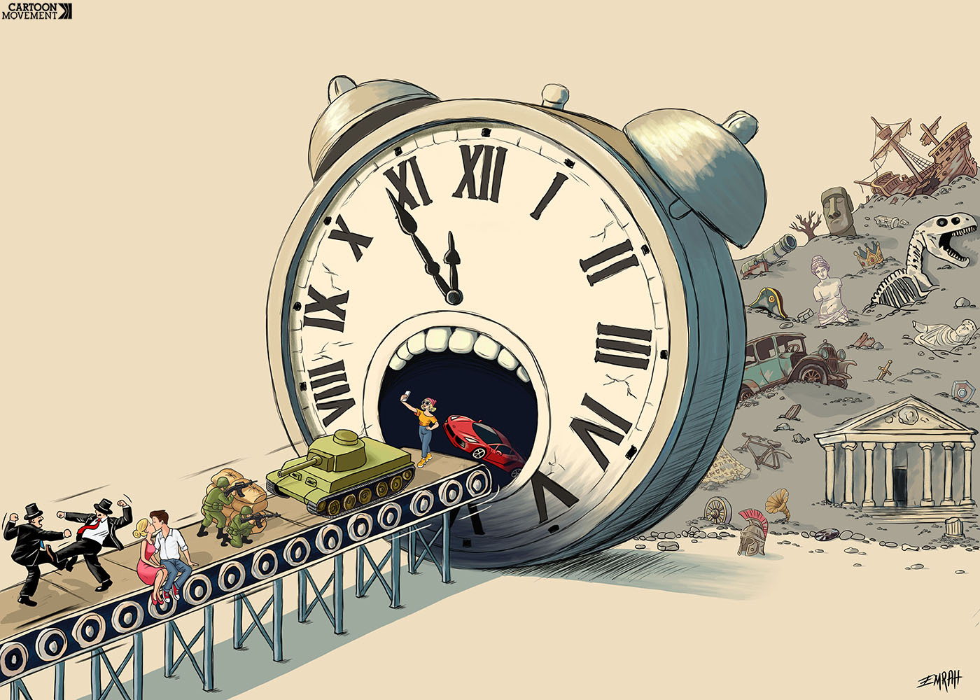 Cartoon showing a giant clock with a large mouth. A conveyor belt leads into the mount: on the conveyor belt, we see a tank, people fighting, a person taking a selfie, a couple kissing, and an expensive sports car. Be hind the clock, there is a giant pile of rubble, with dinosaur bones, Napoleon's hat, car wrecks, a Greek temple etc.