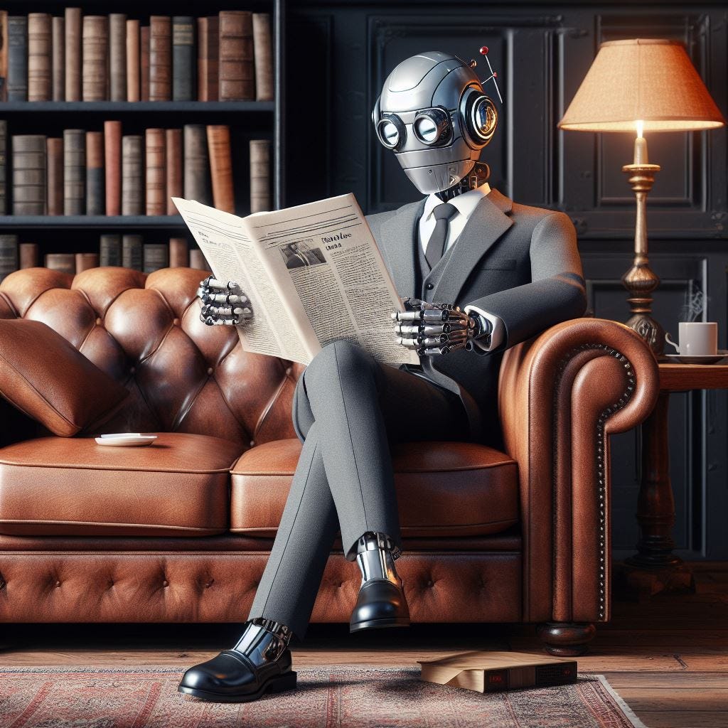 A robot in a suit reading the newspaper