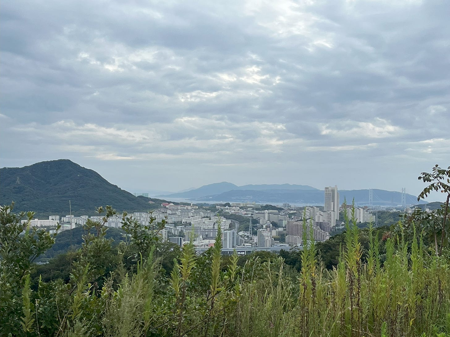 A photo of a view over "danchi" tower blocks towards the Akashi suspension bridge