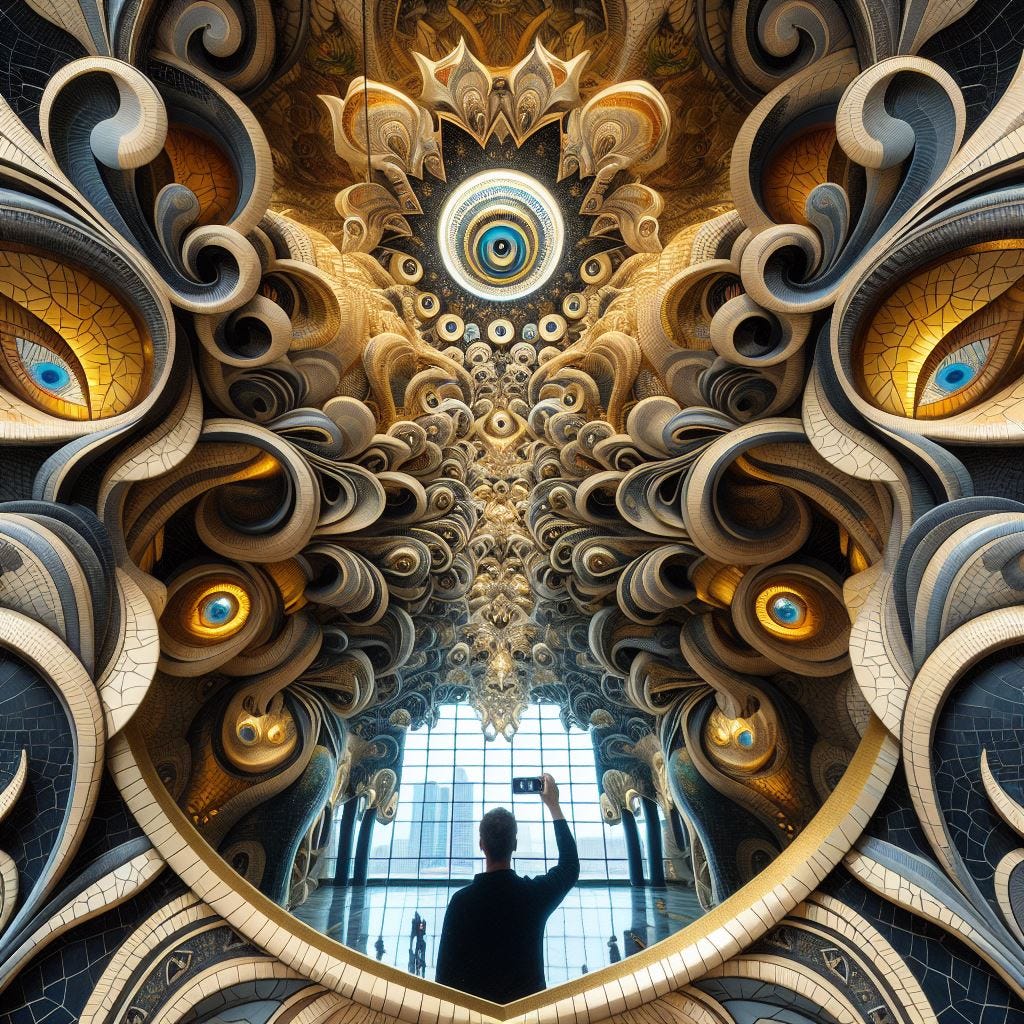 in a mirror. on a totem pole ; a burundi man standing near camera, looking at camera.black morocan tile creamy yellow grey. infinity. mirror window, tapestry in blue; inside The Dubai Opera (United Arab Emirates /Quatrefoil:Gothic Tracery/ red fire highlight/ red neon. Louver light blue decorative ceiling tiles. Moringa tree . sculptures deep brown/cracked porcelain/gold / Misty/ sunny fluffy clouds chunky painting in a mirror. on a totem pole ; burundi man standing before it
