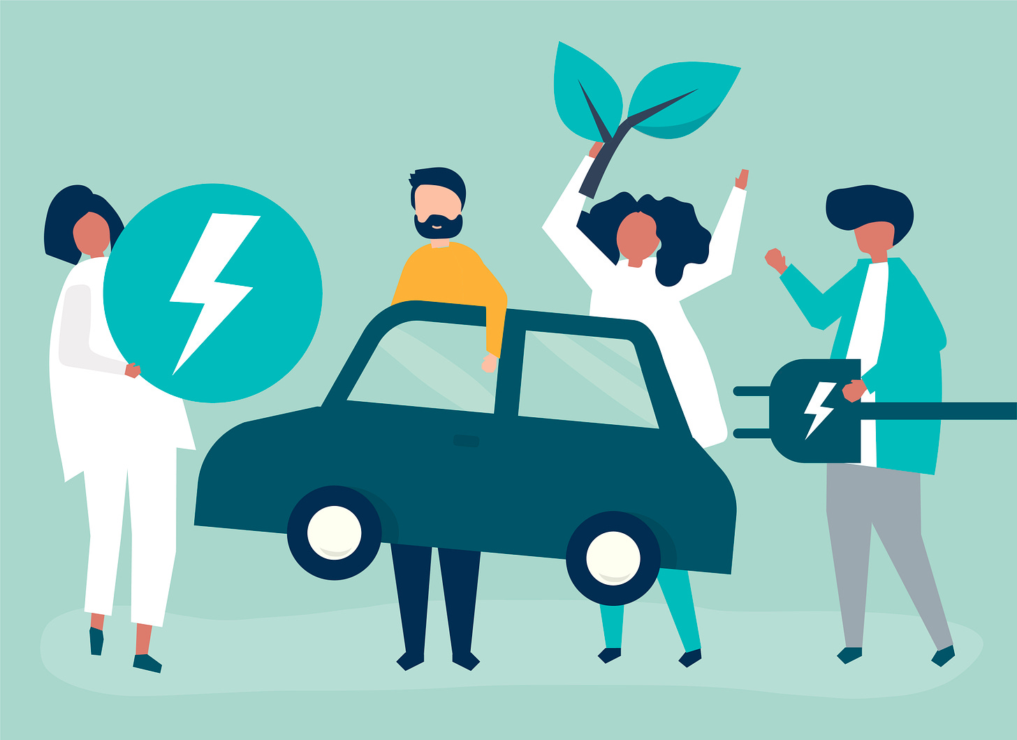 An illustration of four people holding an electric car.