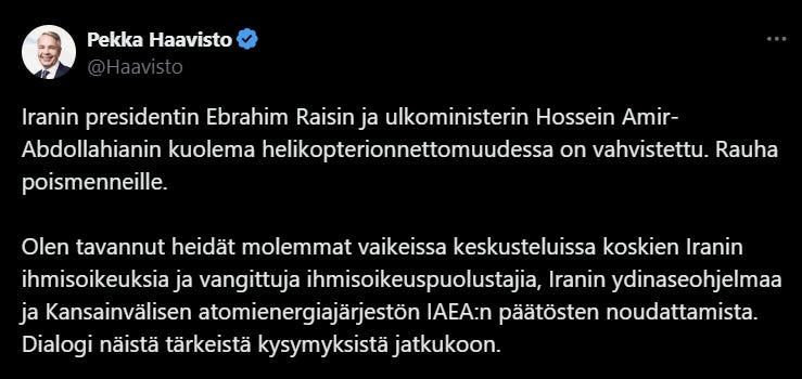 Haavisto riensi ensimmäisenä tunnettuna poliitikkona Suomesta ulottamaan osanottonsa, “rauha poismenneille”. Julkaisun kommenttikentissä käytiin vilkasta keskustelua niin Raisin kuin Amir-Abdollahianin ihmisoikeusloukkauksista.