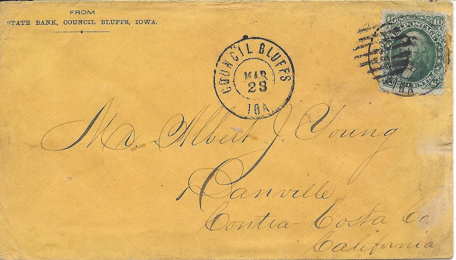 1860s envelope mailed from Iowa to California