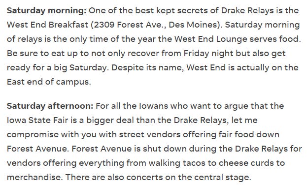 Des Moines food: Drake Relays options