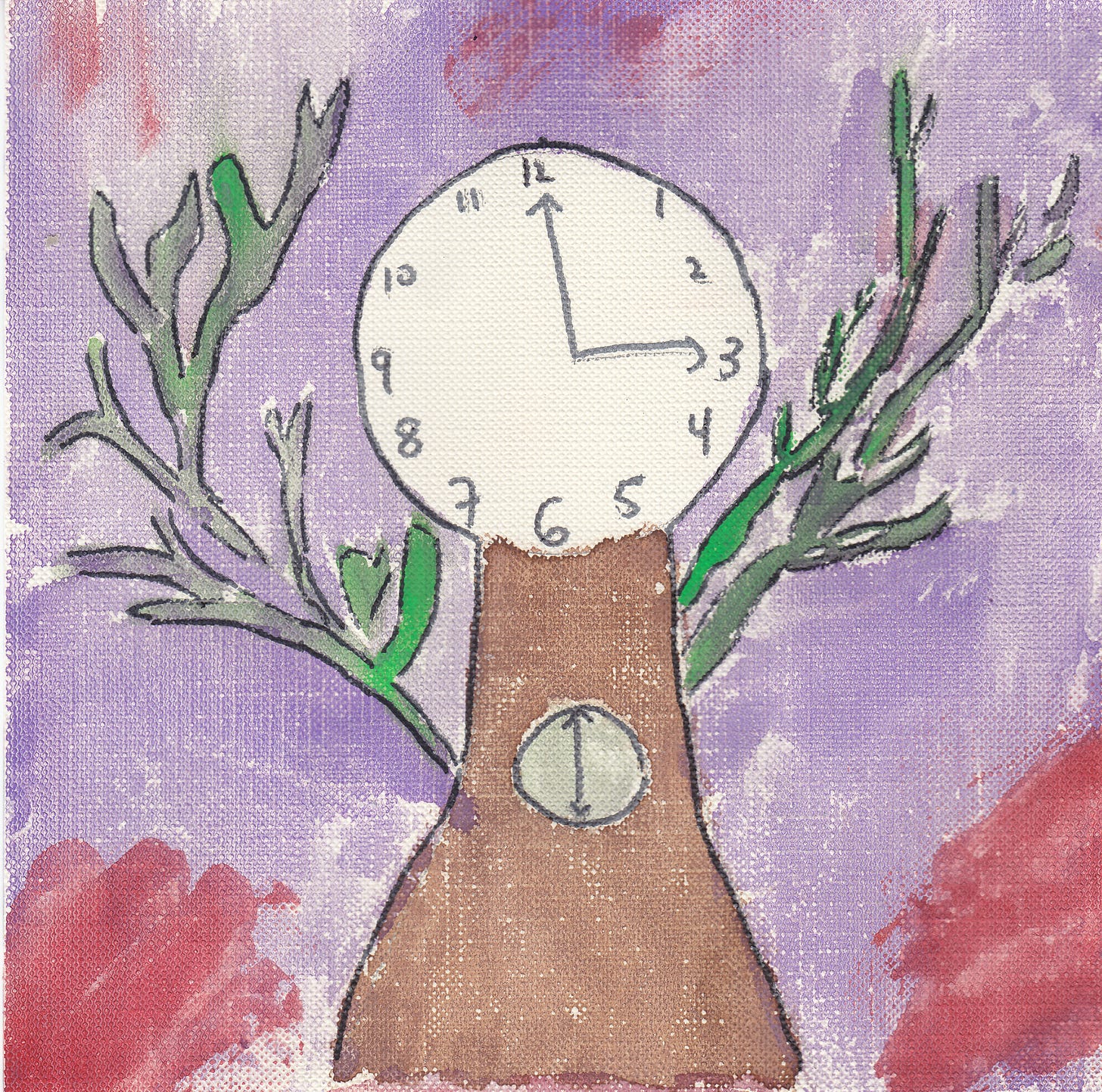 tree with clock head, green branches, brown trunk with little clock. purple background and red blobs on bottom left and right