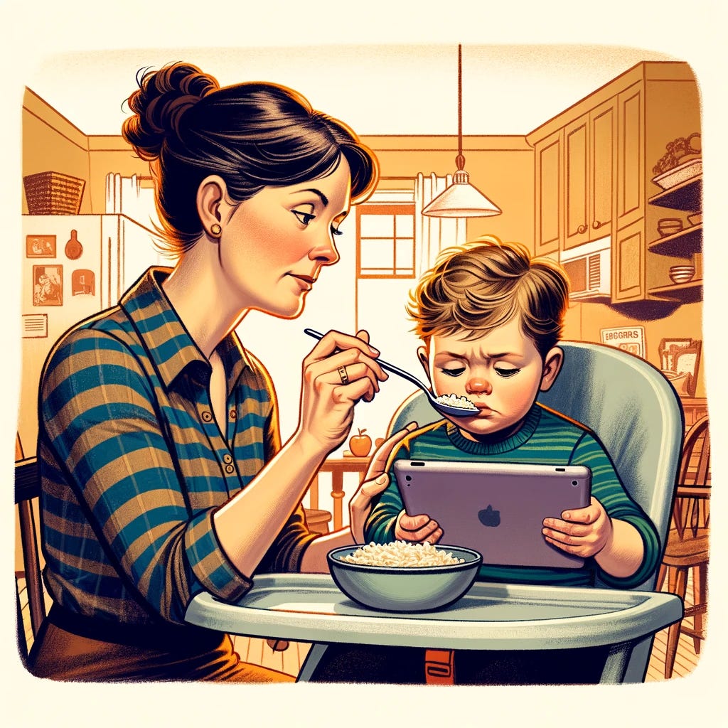Create a more detailed illustration showing a mother spoon-feeding her 3-year-old child, with the child clearly ignoring the spoon and being engrossed in tapping on an iPad. The scene is set in a home environment, such as a kitchen or dining room. The mother, looking patient and slightly amused, is holding a spoon near the child's mouth. The child, seated in a high chair or at a toddler's table, is focused on the iPad, showing disinterest in the food. The room should have a warm, inviting atmosphere with typical home furnishings, emphasizing the contrast between traditional feeding and modern technology in a lighthearted way.