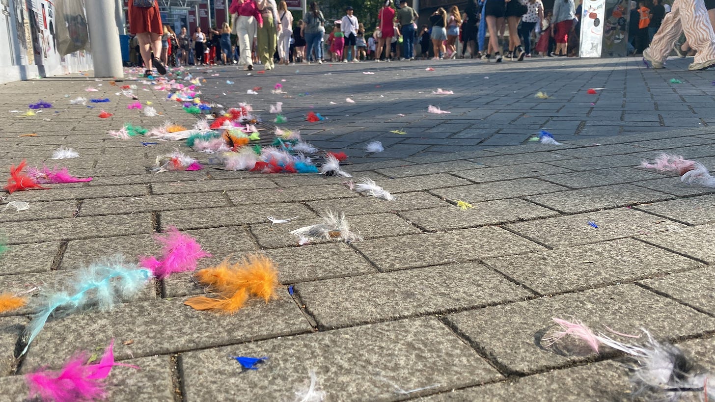 Boa feathers littering the sidewalk outside of Wembley Stadium as crowds make their way towards the stadium.