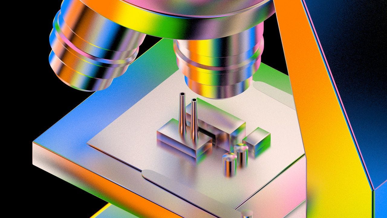 Brightly coloured 3D rendered illustration of a microscope with a tiny factory under the lens