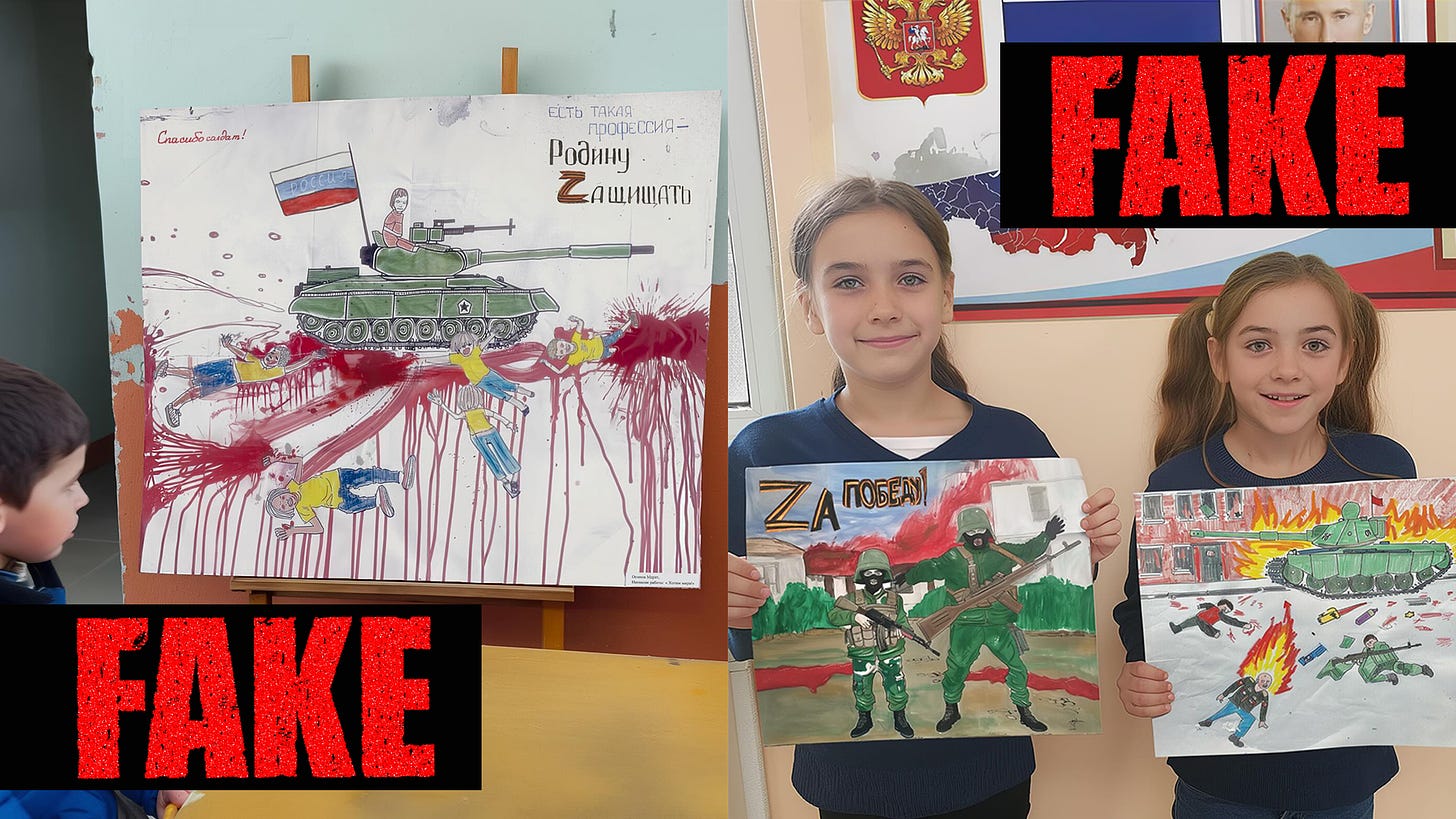 Left, a photo of a boy gazing at a drawing of a Russian tank and bloody corpses. To the right, another photo with two girls, each displaying similarly bloodthirsty drawings. In the background of the girls, a covert photo of Putin and a map of Russia. In the bottom left and top right corners of the entire image, the inscription 'Fake' appears in front of black bars.