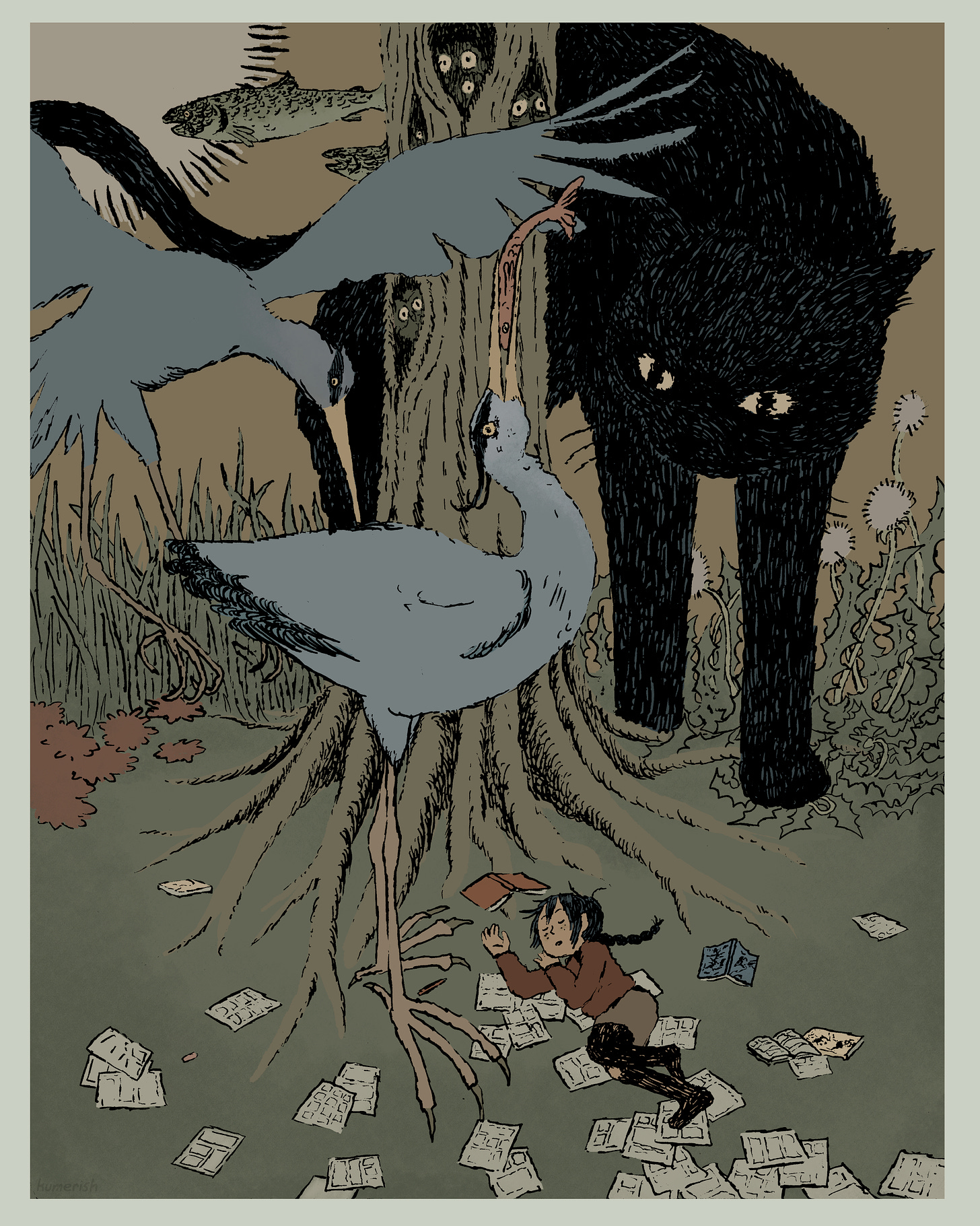 Kaye, a young girl, sleeps amongst herons, a strange tree, a cat, and fish that fly through the sky.