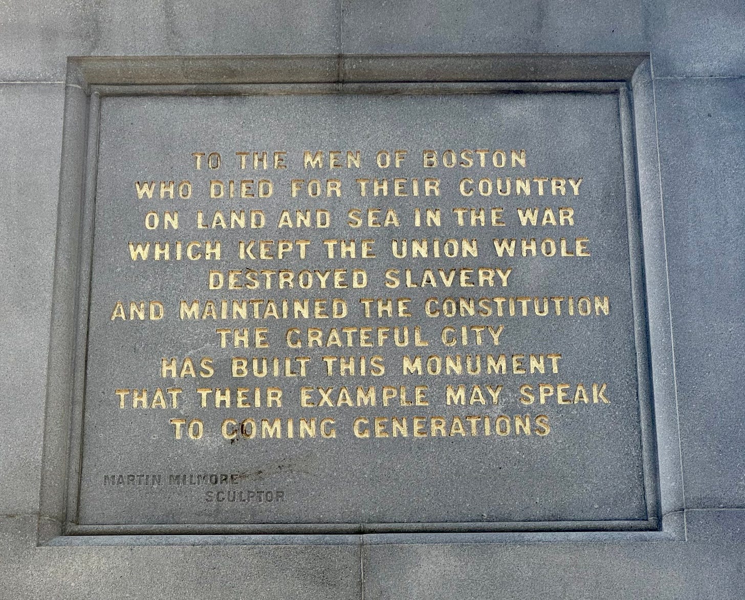 Inscription on Soldiers and Sailors Monument to men of Boston killed during the Civil War, Boston Common, September 26, 2023