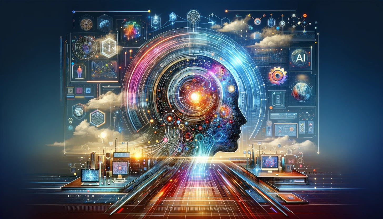 A futuristic and innovative header image, capturing the essence of artificial intelligence and its transformative impact. The image should depict a high-tech, visionary scene with an emphasis on digital and technological elements, symbolizing the paradigm shift AI brings. It should include visual metaphors for AI strategy development, project implementation, and training, such as digital networks, AI-driven interfaces, and advanced technologies in a seamless blend. The composition should be dynamic and captivating, with a blend of abstract and concrete elements, resonating with the theme of AI's potential in transforming decision-making and automating tasks. The colors should be bold and engaging, yet maintain a professional and sophisticated tone, suitable for an AI consultancy firm. The image should not include any people or text.