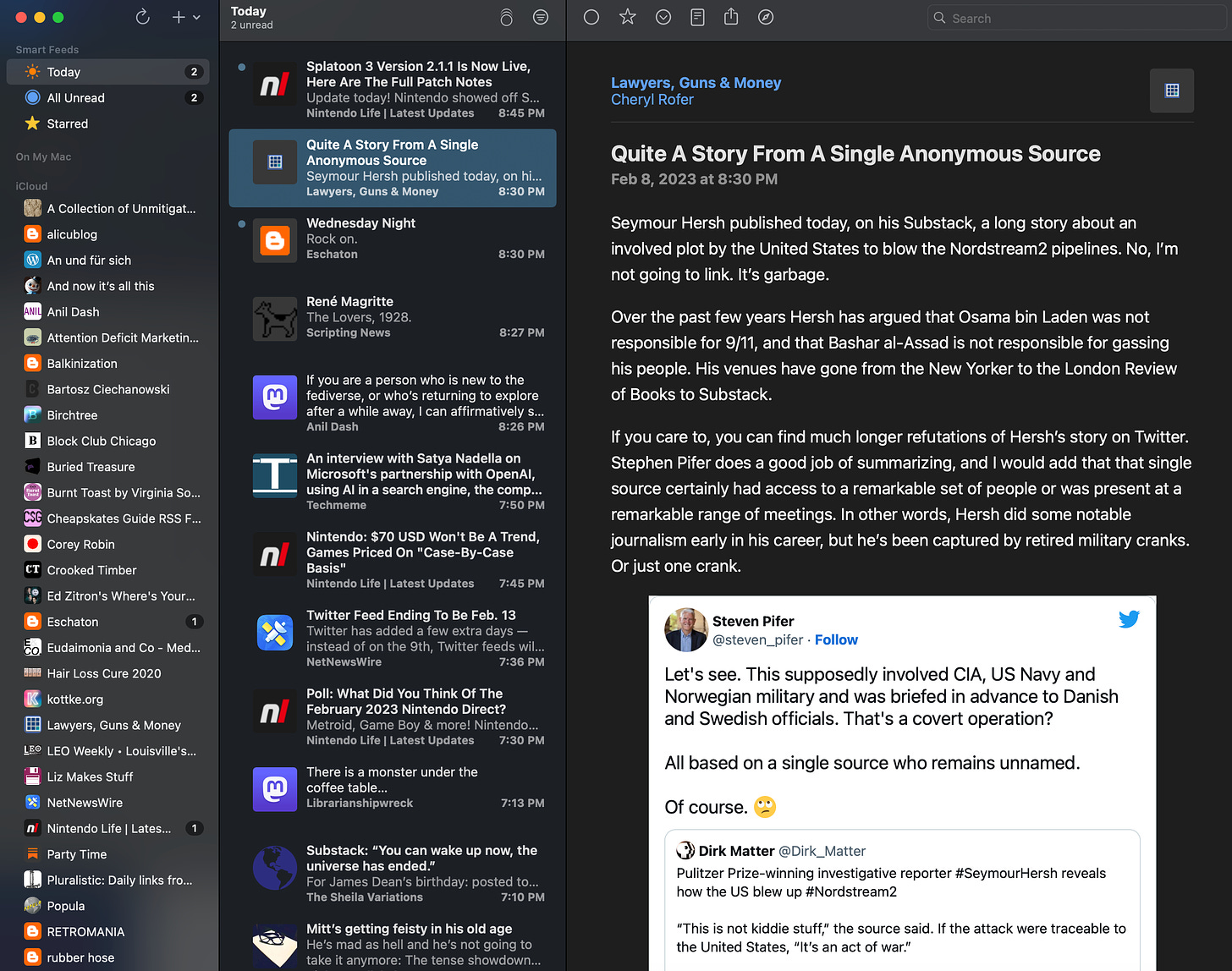 A screenshot of the macOS application NetNewsWire, showing RSS feeds.