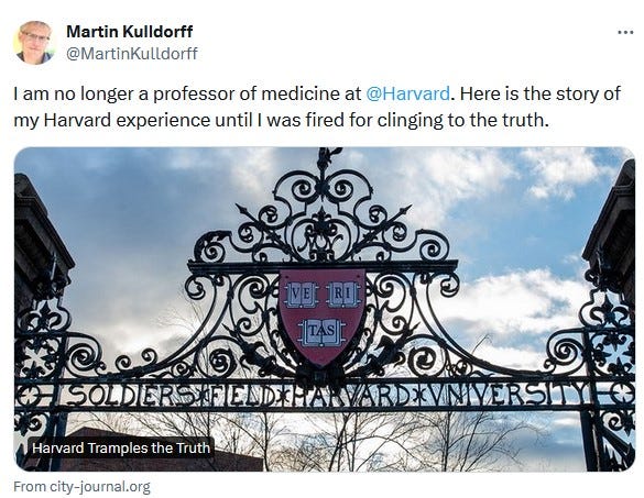 Martin Kulldorff tweets out that he has been fired from Harvard.