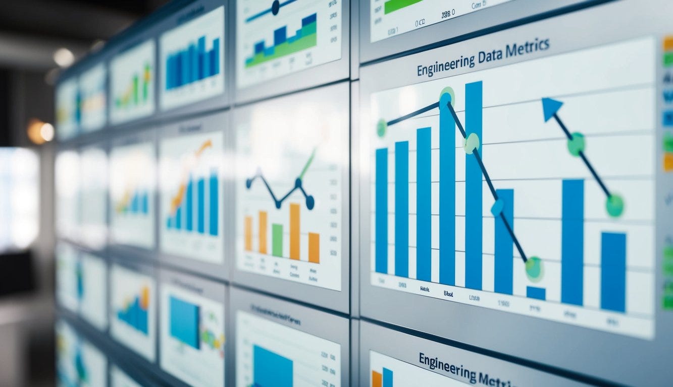 A series of graphs and charts displaying various engineering metrics, with arrows pointing to specific data points for analysis and comparison