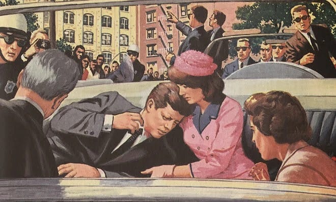 JFK meggyilkolása (névtelen művész, megtalálható a Kennedy Galériában)