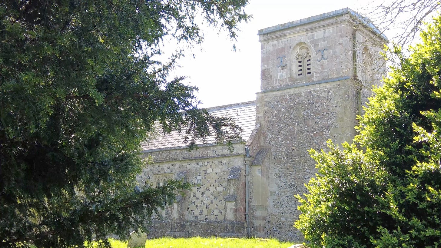 Maddington Church Shrewton standing in beautiful sunshine.