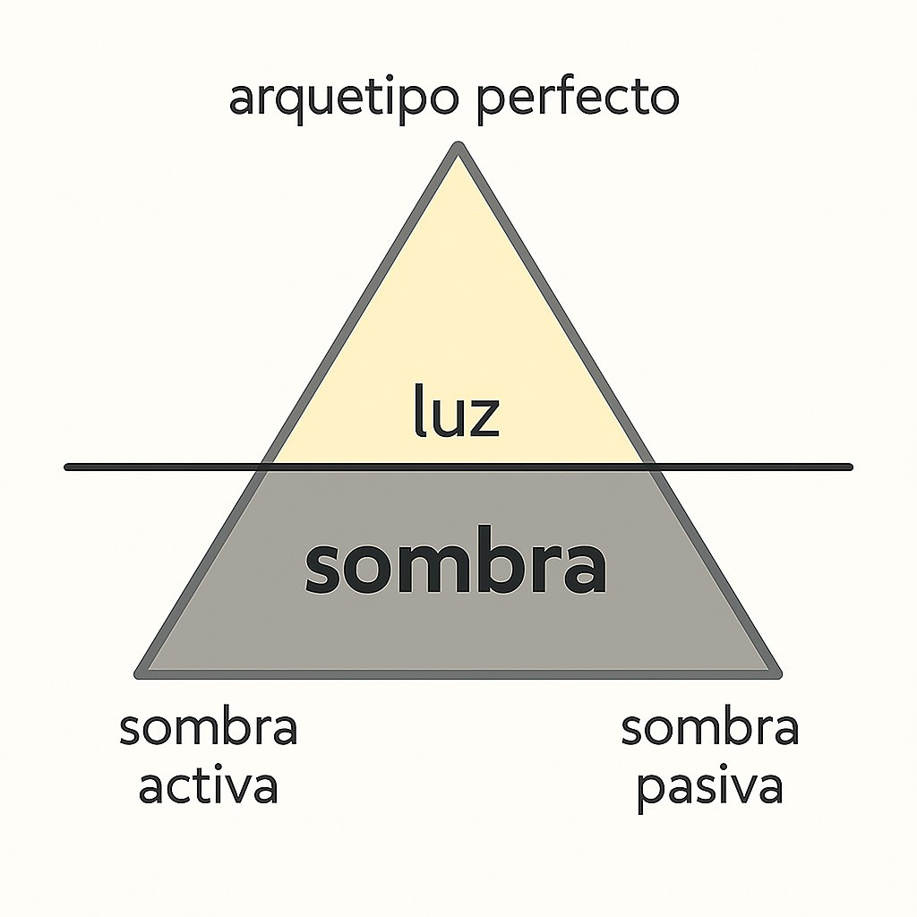 un gráfico en donde se muestran los tres estadios de los arquetipos (luz, sombra activa y sombra pasiva)