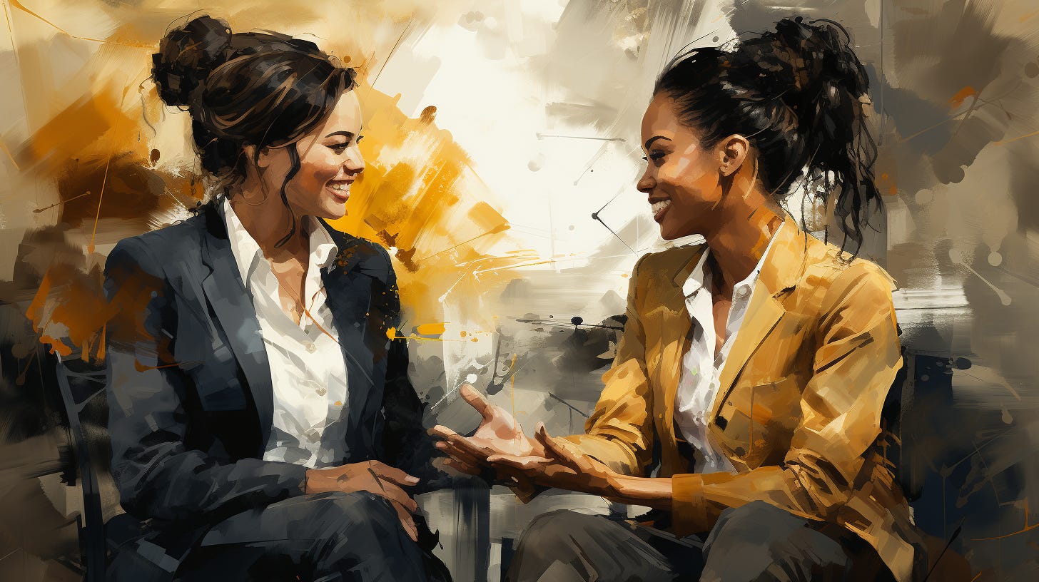 two black, dark-skinned, natural hair, businesswomen in happy conversation. Open hands. face each other; away from the camera