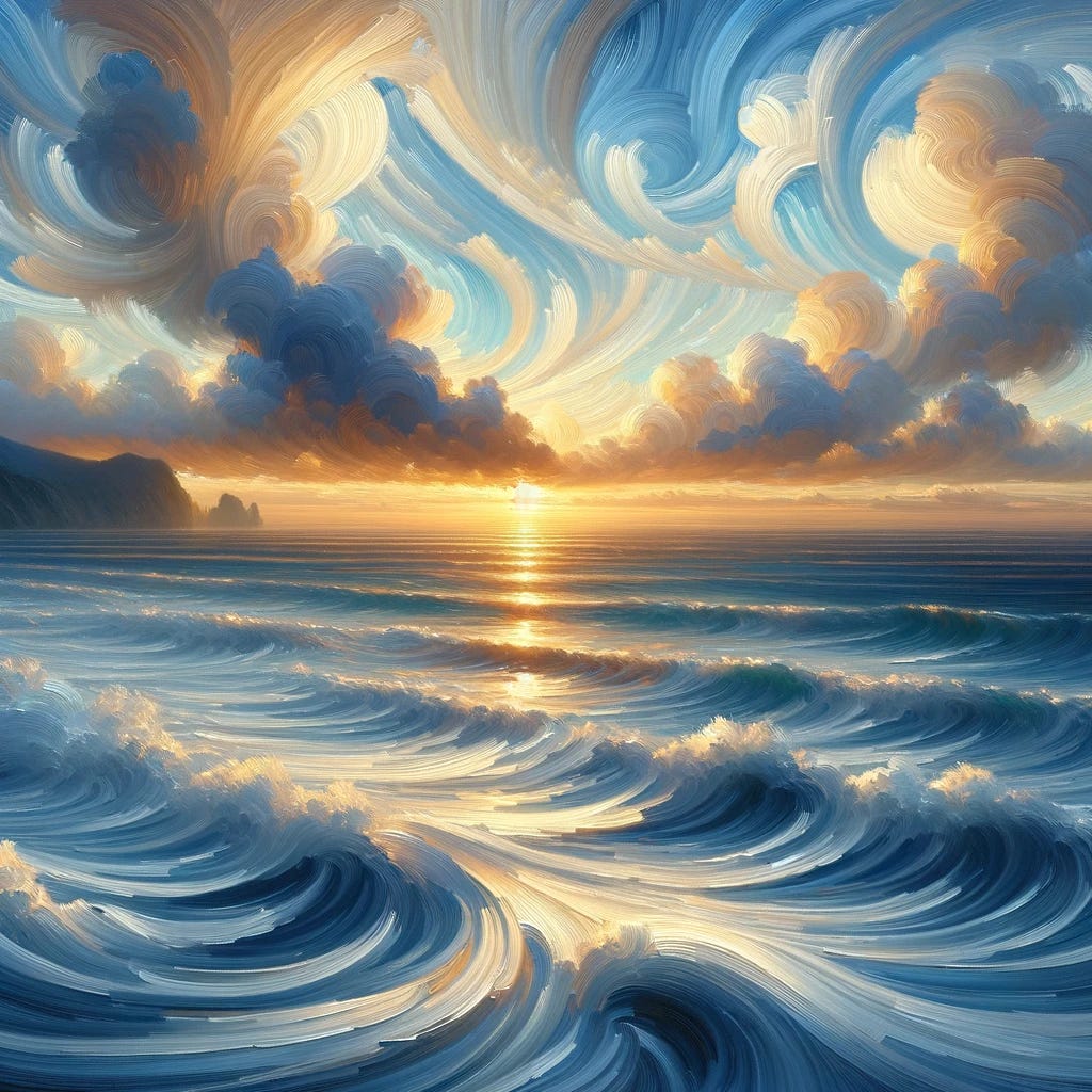 Create an impressionist style painting of a seascape during sunrise or sunset. The foreground should feature dynamic, swirling patterns of water, suggesting movement with a milky texture, similar to the effect of a long-exposure photograph. The horizon should have a silhouette of a mountain or island against a sky filled with soft-edged clouds illuminated with warm tones of light from below the horizon. The ocean should be in cooler blues, contrasting with the warm sky, capturing the natural beauty and tranquility of a coastal environment in constant motion.
