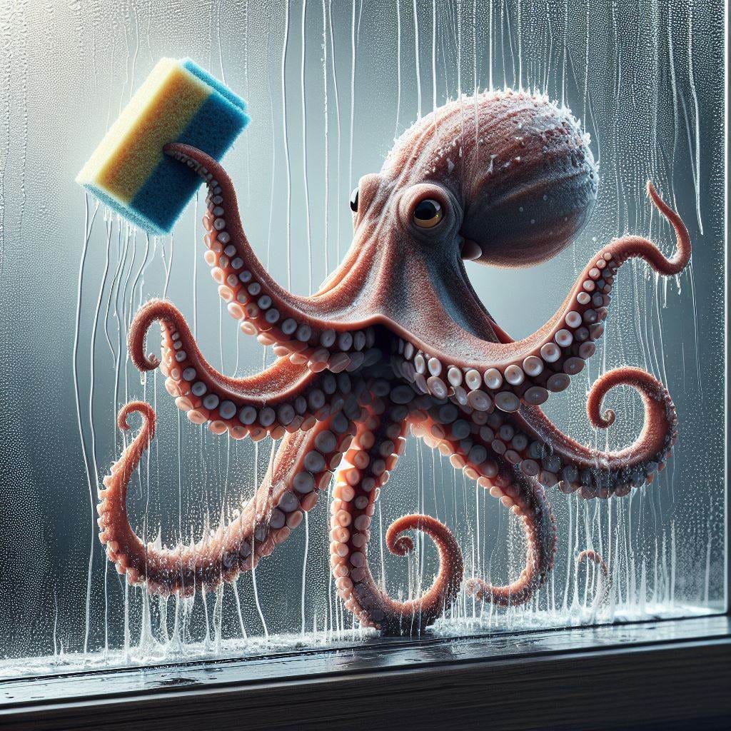 realistic octopus polishing a window