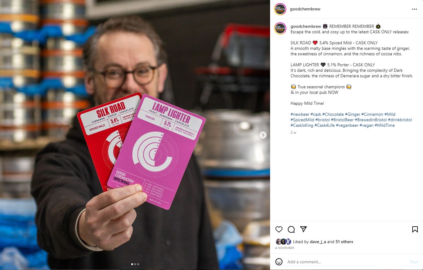 An Instagram post from Good Chemistry announcing the launch of its mild and porter, with brewer Bob Cary holding the pumpclips.