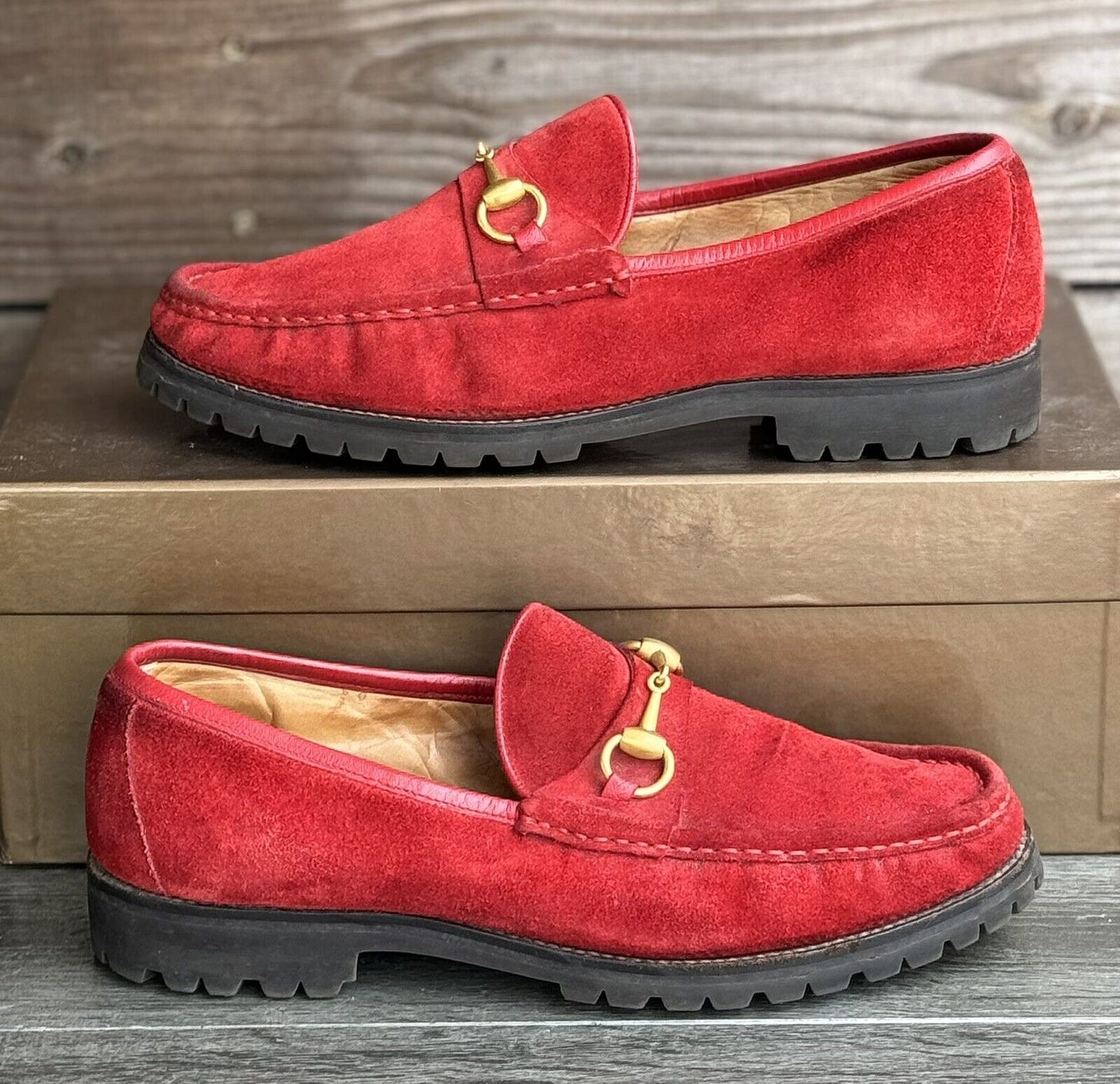 Vintage GUCCI Loafers Red  Suede Horse bit Lug Sole Italy 8.5D - Picture 1 of 8