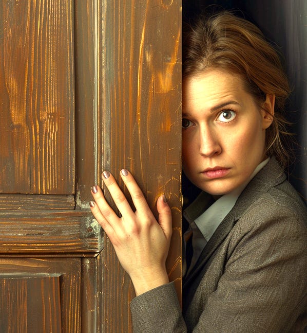 Sad businesswoman peeping out a door. Image produced using Midjourney