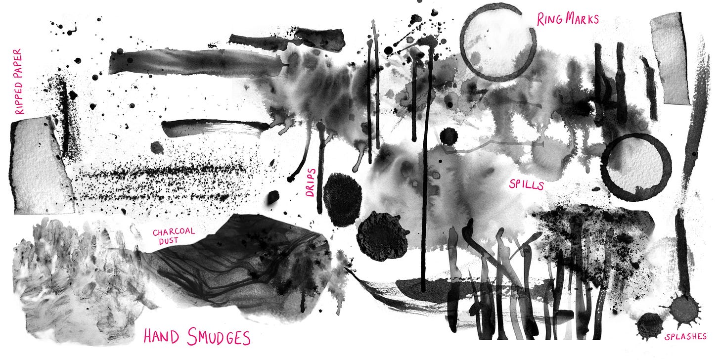 A big collection of marks made in black using charcoal and ink. In pink handwritten text it highlight how different marks were made thery say ripped paper, ring marks, drips, charcoal dust hand smudges spills and splashes.