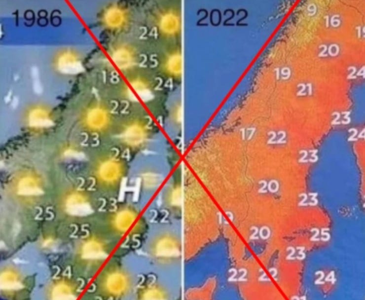 Deze weerkaarten zijn in werkelijkheid uit 2016 en 2021 en van twee verschillende media die andere kleurstellingen gebruiken voor hun weerkaarten.