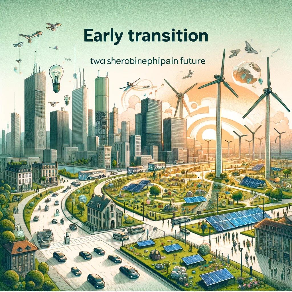 Early transition towards a protopian future, showing cities beginning to integrate green spaces, the proliferation of renewable energy sources like solar panels and wind turbines, and communities initiating sustainability projects. The scene captures the initial efforts to solve urban challenges through technology, including improved communication systems and logistical solutions.