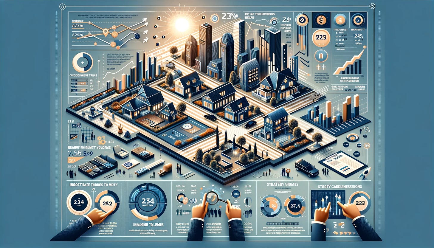 An engaging and informative infographic titled '2024 Real Estate Market Outlook: Key Trends to Watch'. It visually represents the key trends in the real estate market for 2024. The graphic includes elements like graphs showing interest rate changes, a decline in transaction volumes, and other market adjustments. It emphasizes the importance of these trends for investors, with icons and visual cues highlighting strategy adjustments and market shifts. The design caters to high-net-worth investors, with a sophisticated and clear layout, helping them understand the opportunities and risks in the evolving real estate landscape. The overall look is professional, modern, and easy to comprehend, suitable for a high-level market analysis.