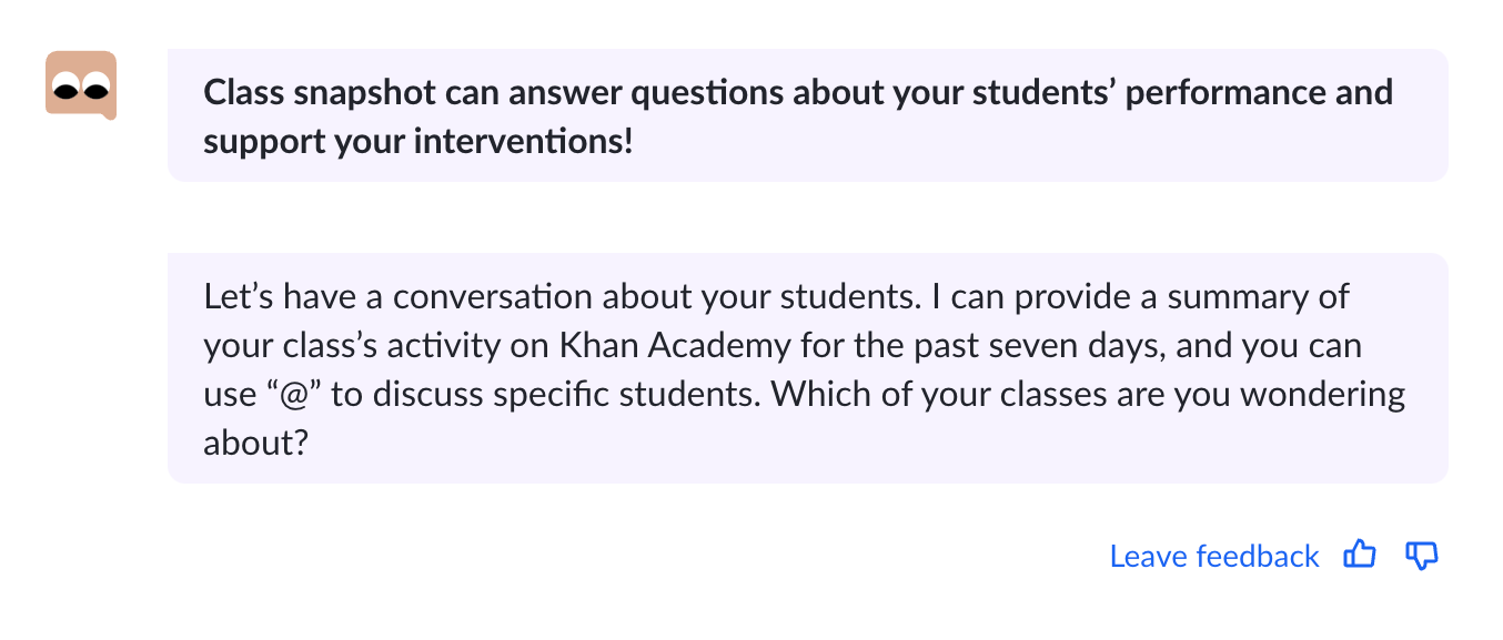 Khanmigo's "class snapshot" offers the option to discuss specific students