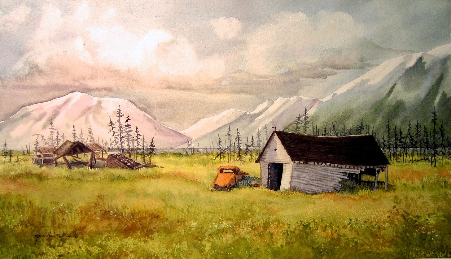 Water color of Portage, Alaska created by Alaska artist Cindy Pendleton.