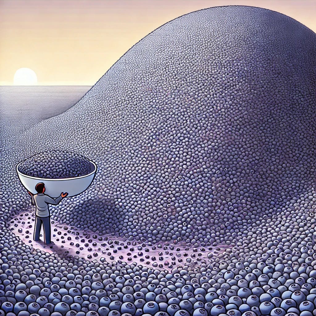 A cartoon-style illustration of a person holding a large, tilted, ridiculously overflowing bowl of blueberries, with an unimaginably vast, overwhelming sea of blueberries spilling over. The scene shows billions upon billions of blueberries stretching as far as the eye can see, piling up into towering mountains around the person. The person is barely visible, nearly submerged, with only the top half visible amidst an endless, cascading ocean of blueberries that fills the entire image and extends far beyond the edges. The background is filled with blueberries that shrink as they trail into the distance, giving the impression of an infinite pile. The colors are vibrant with a cartoonish feel, soft edges, and slight shading to add dimension. The background is a soft white or light pastel, emphasizing the person, bowl, and the unfathomably vast pile of blueberries, with a slight shadow to ground the bowl and person in the scene.