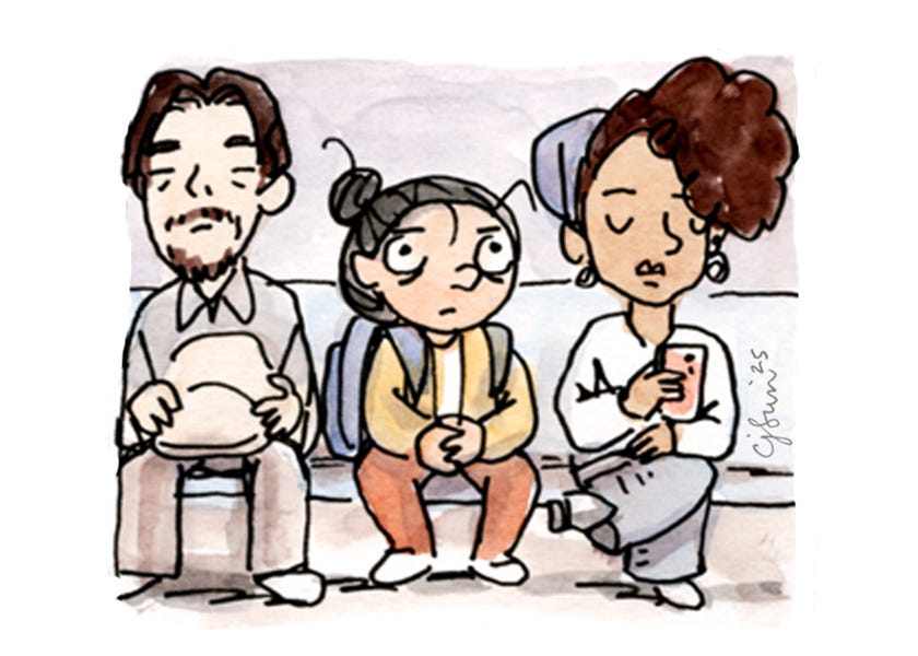 Ink and watercolor illustration of subway riders, by Connie Sun, cartoonconnie, 2025.