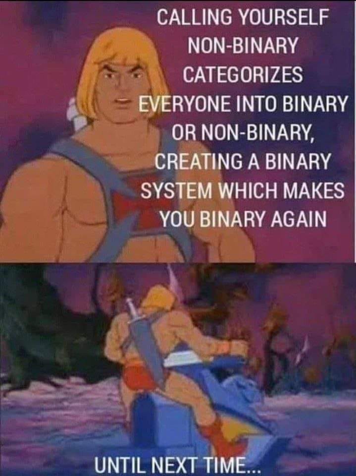 May be an image of 1 person and text that says 'CALLING YOURSELF NON-BINARY CATEGORIZES EVERYONE INTO BINARY OR NON-BINARY, CREATING A BINARY SYSTEM WHICH MAKES YOU BINARY AGAIN UNTIL NEXT TIME...'