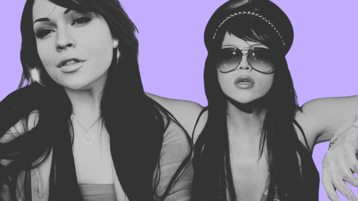 A black-and-white image of Ayesha Erotica, a musician and internet personality, is shown twice side-by-side against a purple background. On the left, she is seen wearing hoop earrings and a necklace with a star pendant, with her hair down and a neutral expression. On the right, she is wearing large sunglasses, a black hat with a chain detail, and a low-cut top, posing with her arm draped over something just out of frame, exuding a more confident and assertive attitude.